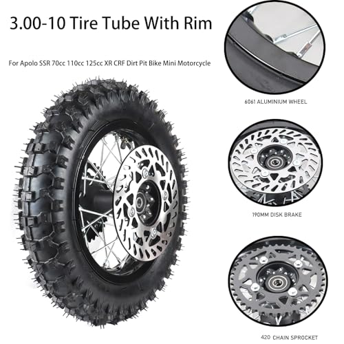 12mm Axle Rim Wheel with 80/100-10 3.00-10 Tire Tube+420 Rear Chain Sprocket+brake disc For Apollo SSR 70cc 110cc 125cc XR CRF Dirt Pit Bike Mini Motorcycle