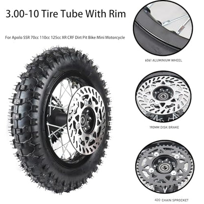 12mm Axle Rim Wheel with 80/100-10 3.00-10 Tire Tube+420 Rear Chain Sprocket+brake disc For Apollo SSR 70cc 110cc 125cc XR CRF Dirt Pit Bike Mini Motorcycle