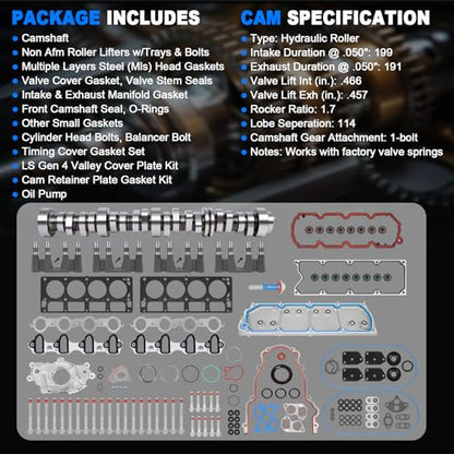 5.3 NON AFM DOD Kit with Camshaft, Lifters, Head Gasket Set, Valley Cover Plate & Oil Pump, Fit for 2007-2013 Chevy Silverado 1500/Tahoe, GMC Sierra/Yukon 5.3L V8 Engine - color: NON AFM Kit w/ Oil Pump & Valley Cover