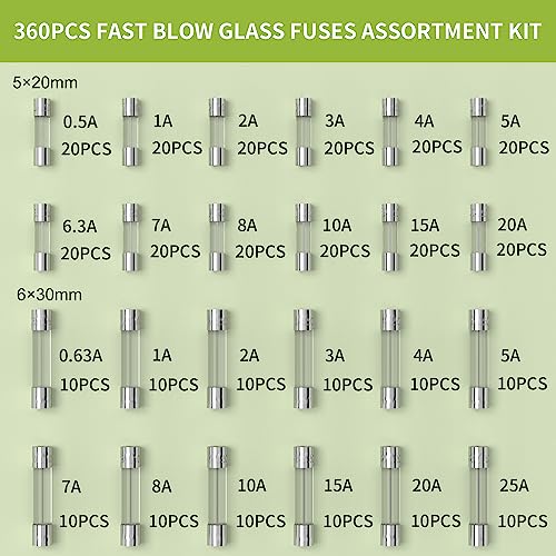 Joinfworld 360Pcs Fast Blow Glass Fuse Assortment Kit 24 Values Automotive Fuses Kit 250V 0.5A 0.63A 1A 2A 3A 4A 5A 6.3A 7A 8A 10A 15A 20A 25A 5x20mm & 6x30mm Glass Fuses