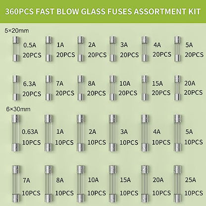 Joinfworld 360Pcs Fast Blow Glass Fuse Assortment Kit 24 Values Automotive Fuses Kit 250V 0.5A 0.63A 1A 2A 3A 4A 5A 6.3A 7A 8A 10A 15A 20A 25A 5x20mm & 6x30mm Glass Fuses