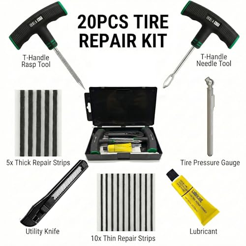 20PCS Tubeless Tire Plug Kit with 15 Plugs, Lubricant, Knife and Gauge