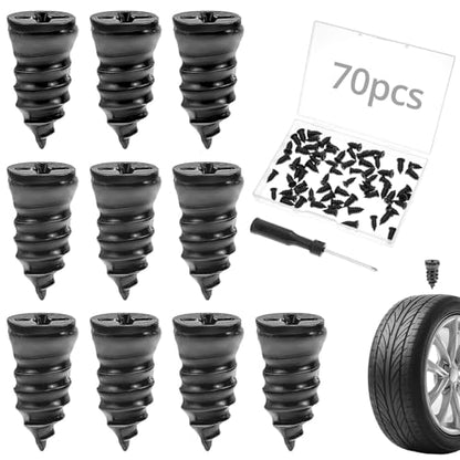 QWORK 70PCS Tire Repair Rubber Nails Kit with Screwdriver – Quick Vacuum Tubeless Tire Plug Set for Car, Motorcycle, SUV & ATV – Emergency Flat Tire Patch Screws (35S + 35L)