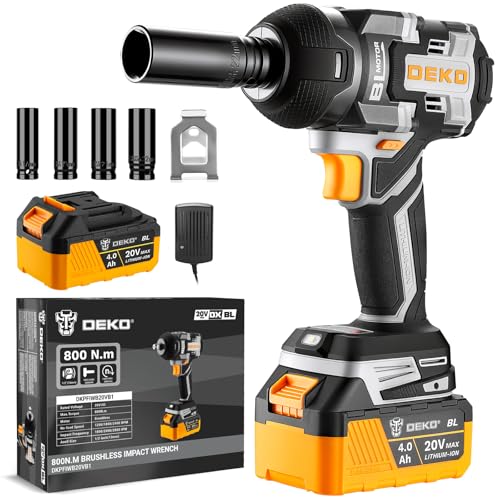 Cordless Impact Wrench:DEKOPRO 590ft-lbs/800N.m Impact Gun, 1/2" Brushless Impact Wrench with 4.0Ah Battery, 4 Sockets, LED Light for Car Home
