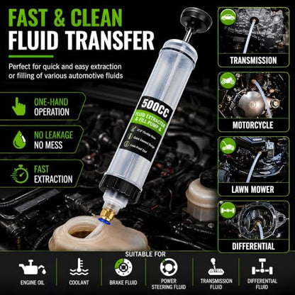 500CC Fluid Extractor Pump, Oil Extractor Pump with 2 Flexible Hoses, Manual Fluid Transfer Pump for Transmission Fluid, Brake Fluid, Coolant, Differential, Gear Oil, Automotive Fluid Extractor
