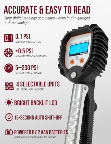Digital Tire Inflator with Pressure Gauge, 5-230 PSI