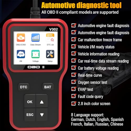 Car OBD2 Scanner, OBDII Vehicle Check Engine Light Code Reader Diagnostic Scan Tool, Real-Time Automotive Engine Fault Scanner, Universal for SUV Automobile Truck