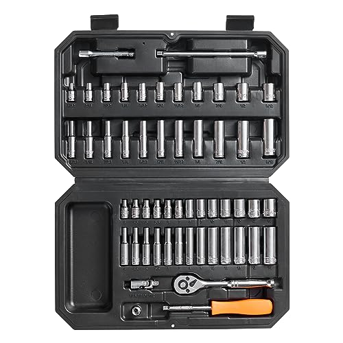 VEVOR Socket Set, 1/4 Inch Drive Socket and Ratchet Set, 6-Point Socket Opening, 54 Pieces Tool Set SAE and Metric, Deep and Standard Sockets, 5/32-9/16 in, 4-14 mm, with Accessories, Storage Case - size: 54-PCS