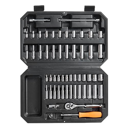 VEVOR Socket Set, 1/4 Inch Drive Socket and Ratchet Set, 6-Point Socket Opening, 54 Pieces Tool Set SAE and Metric, Deep and Standard Sockets, 5/32-9/16 in, 4-14 mm, with Accessories, Storage Case - size: 54-PCS