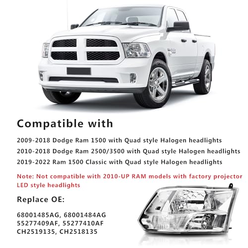 APSVE Clear Headlights Assembly Quad-Hole for 2009-2018 Dodge Ram 1500 - color: Chrome Housing Clear Reflector