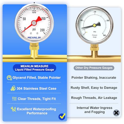 MEANLIN MEASURE 2pcs 0~200Psi Stainless Steel Liquid Filled, 1/8" NPT 1.5" Glycerin Filled Pressure Gauge, Water Oil Air, Lower Mount, with 1/4" NPT and 3/8" NPT Hex Bushing - size: 0-200Psi