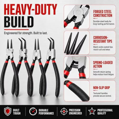 4-Piece Snap Ring Pliers Set, 7" Internal External Circlip Pliers, Straight & 90 Degree, 45# Steel 5/64" Tips for Bearing Transmission Motorcycle Automotive Retaining Ring Removal