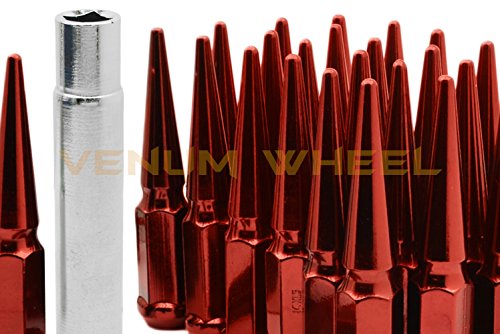 20 Pc 12x1.5 Tall 4.5" Solid Spike Red Lug Nuts with Locking Socket Key | Fits Toyota Highlander Rav4 & 5 Lug Tacoma