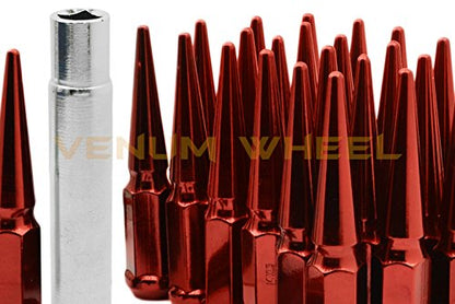 20 Pc 12x1.5 Tall 4.5" Solid Spike Red Lug Nuts with Locking Socket Key | Fits Toyota Highlander Rav4 & 5 Lug Tacoma