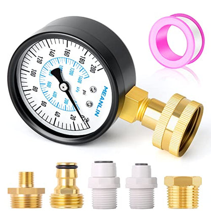MEANLIN MEASURE 0~200Psi 3/4" Female Water Pressure Kit Plus 5 adapters, 2.5" FACE DIAL Multi-Purpose Pressure Gauge Kit, Hydraulic Tester,Suitable for Gardens, Water Pipes, etc - color: Black, size: 0-200Psi (With Fittings)