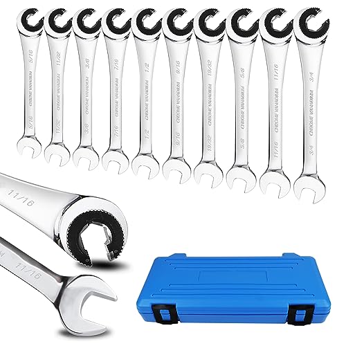 LOSCHEN 10 pcs SAE Ratcheting Wrench Combination Wrench Set 10 Pcs/Set with 72 Teeth, Chrome Vanadium Steel Tubing Ratchet Spanner（US and European Patents） - size: SAE set/10pcs