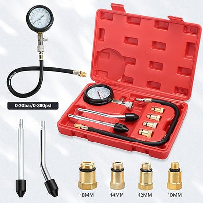 Therwen 45 Pcs Gauge 0-140 Psi Fuel Injection Pressure Tester Kit 8 Pcs Gauge 0-300 Psi Compression and Spark Plug Tester, Oil Pressure Gauge Automotive Tool Kit for Motorcycle Car Truck