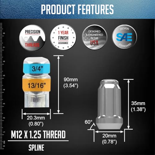 Wheel Accessories Parts 20 Pcs M12x1.25 12x1.25 Thread Car Spline 1.38" 35mm Long Lug Nuts Chrome Spline Hex Fits Most Subaru Pass Cars ｜ Nissan Pass Cars - color: Chrome, size: 20 Pcs, style: Spline
