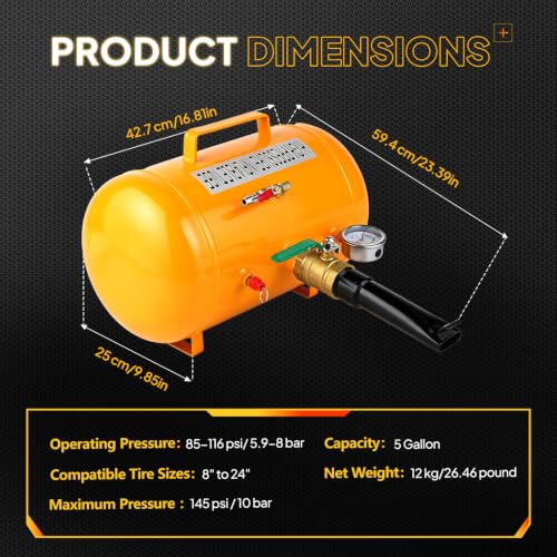 TUFFIOM 5 Gallon Air Tire Bead Blaster Seater w/Pressure Gauge & Handle, Wheel Seating Tool Inflator Tank for Truck ATV, 85-116PSI Operating Pressure - color: yellow