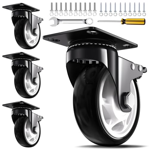 QNCZ 4" Caster Wheels with Brake, Black, Heavy Duty, Quiet, Set of 4 - color: black, size: 4 IN