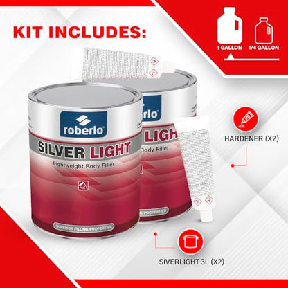 Roberlo Silver Light Multipurpose Body Filler 3L, Pack of 2, Easy Sanding, Strong Adhesion, Smooth Finish for Automotive Repair - size: 100 Fl Oz (Pack of 2)