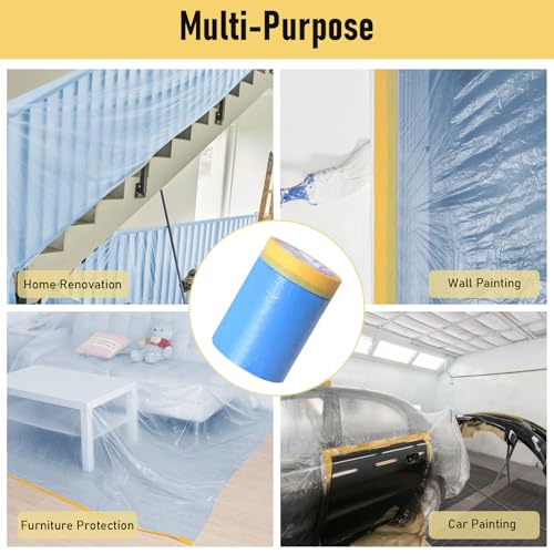 10 Rolls Pre-Taped Masking Film, 20" x 50', Static Cling HDPE Plastic