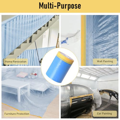 10 Rolls Pre-Taped Masking Film, 20" x 50', Static Cling HDPE Plastic