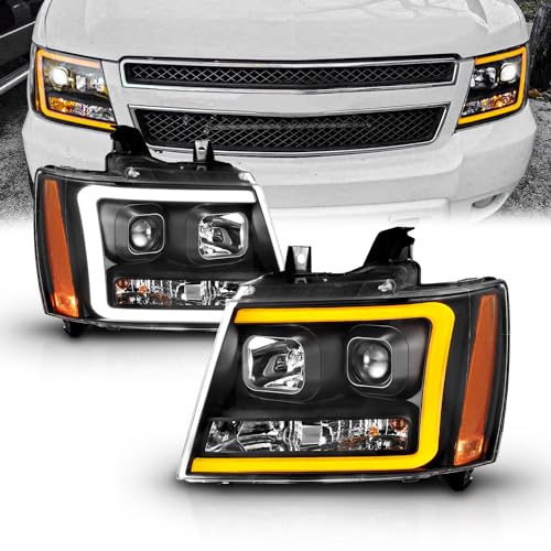 AmeriLite for 2007-2013 Chevy Avalanche/Suburban/Tahoe Switchback LED Tube Turn Siganl Projector Black Replacement Headlights Pair - Passenger and Driver Side - color: Black Projector Switchback LED Bar