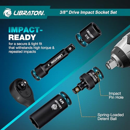 LIBRATON 3/8 Socket Set 90PCS, SAE(5/16-3/4) & Metric(7-19MM) Impact Socket - size: 3/8"