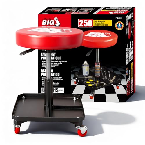 Big RED Rolling Mechanic Stool with Tool Tray, Pneumatic Garage Seat, Adjustable Height Form 17"-22",Storage Workshop Chair for Auto Repair