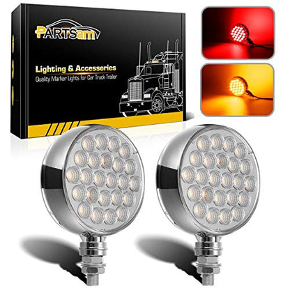 Partsam 2Pcs Double Face Round LED Pedestal Lights Fender Stop Turn Signal Tail Brake Lights Clear Lens 48 LED Post Mount Semi Trailer Replacement for Trailers Trucks, 10-30V - size: 4"