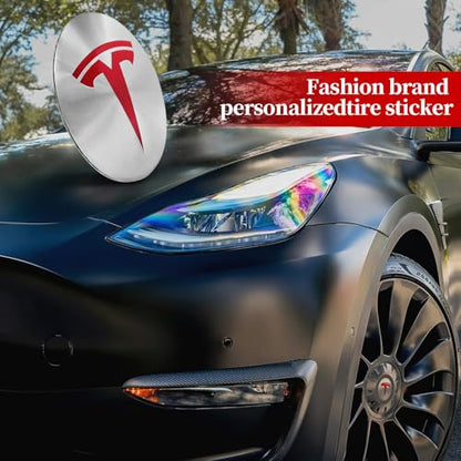 4 Pack Aluminum Waterproof Wheel Cover Center Emblem Sticker for Tesla Model 3 Model Y 56mm Hubcaps Wheel Rim Cover (Silver Background+Red Emblem) - color: Silver Background+Red Emblem