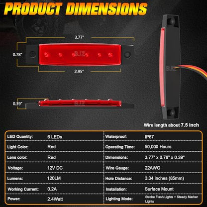 BJZ 3.8" Strobe+Steady Marker Lights Strip Dual Function Red Trailer LED Side Clearance Tail Griller Flash Lights 12V Brake Stop Turn Warning Waterproof Light for Trailer Truck Van RV ATV Bus, 10Pcs - color: Red, 10Pcs