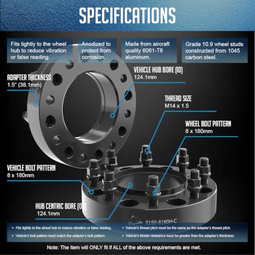 Wheel Accessories Parts 2 Pcs Hub Centric Wheel Spacers 8 on 180mm 1.50 Inch Thick 124.1mm Hub M14x1.5 14x1.5 Thread Stud Fits Chevy Silverado GMC Sierra 2500 3500 Single Rear Wheel (SRW) - size: With Lip, style: 1.50" Alum (2 Pack)
