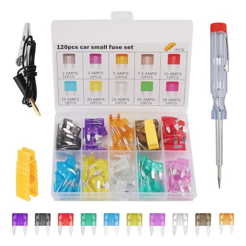 120PCS Car Fuses Assortment Kit Multi-Size,Automotive Fuses Kit with Car Fuse Tester & Puller Tool,Universal Cars Fuse Kits for 35A 30A 25A 20A 15A 10A 7.5A 5A 3A 2A