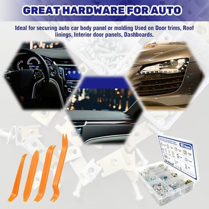 187Pcs 11 Sizes Automotive U-Clips & Screws Assortment Kit with Trim Remover, Clip-On U Clips Fasteners for Bumper Dash Interior Trim Door Body Panel
