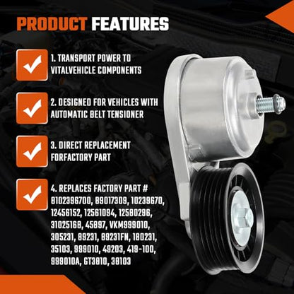 38103 Belt Tensioner Assembly with Pulley (For 4.3L/5.0L/5.7L/7.4L), Fit for Select Cadillac, Chevy, GMC, Oldsmobile, Workhorse Models, w/Bolt - size: 38103