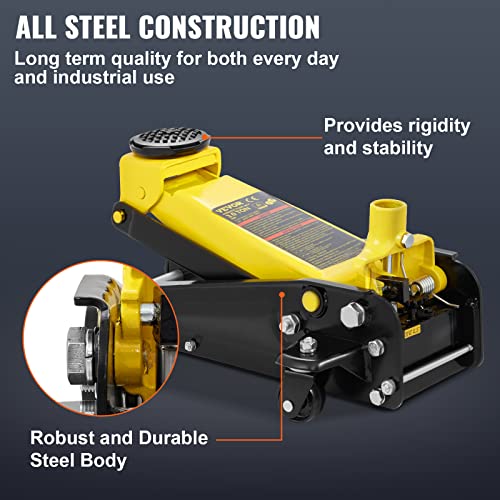 VEVOR 3 Ton Low Profile Floor Jack for All Terrain Vehicles, Heavy-Duty Steel Racing Jack with Quick Lift Pump, 5.12"-20" Lifting Range, 3.0 tons - color: yellow