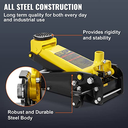 VEVOR 3 Ton Low Profile Floor Jack for All Terrain Vehicles, Heavy-Duty Steel Racing Jack with Quick Lift Pump, 5.12"-20" Lifting Range, 3.0 tons - color: yellow