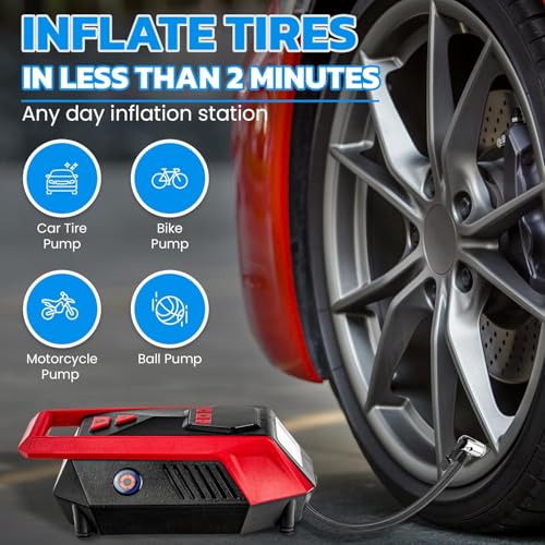 Bullseye 12V DC Car Tire Inflator Portable Air Compressor - Rapid 2 Minute Inflation, Auto Shut-Off, Max 150 PSI, Easy Cord Storage, Digital Pressure Gauge, Works For Bikes, Motorcycles, Inflateables