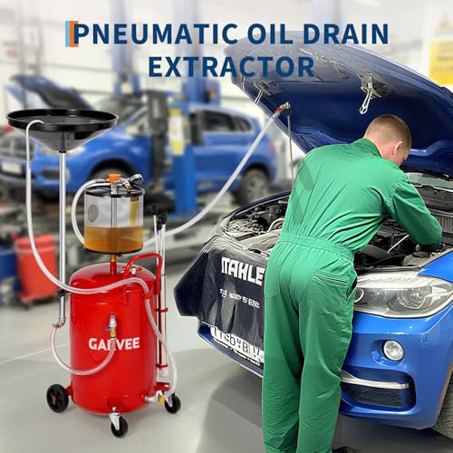 Garvee 20 Gallon Waste Oil Drain Tank, Air Operated Portable Oil Drainer with Adjustable Funnel, Fluid Fuel Transfer Drainage with Wheels, Oil Change Container for Automotive Workshops - size: 20 Gallon - Measuring Cup - Red