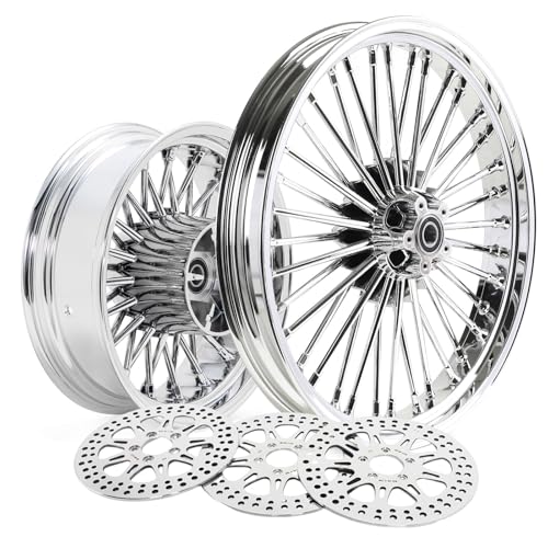 TOFR 21/16 36 Fat Spoke Wheels w/Polished Rotors For Harley Touring 09-25 - color: Chrome Wheels + Polished Rotors, size: Front:21x3.5 Rear:16x5.5