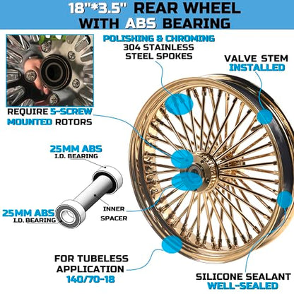 FatFlex 18"×3.5" Gold Rear Wheel Fat Spokes for Harley - color: 18" x 3.5",Gold+Gold+Gold