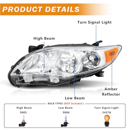 Headlights Assembly Compatible with 2011 2012 2013 Toyota Corolla - color: Chrome Headlight