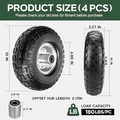 Taifa 4 PCS 10" Solid Flat Free 4.10/3.50-4 Rubber Tires and Wheels Replacement with 5/8'' Bearing and 2.17'' Offset Hub, Air less Wheel for Wheelbarrow/Wagon/Trolley/Lawn Mowers/Snow Blowers etc.