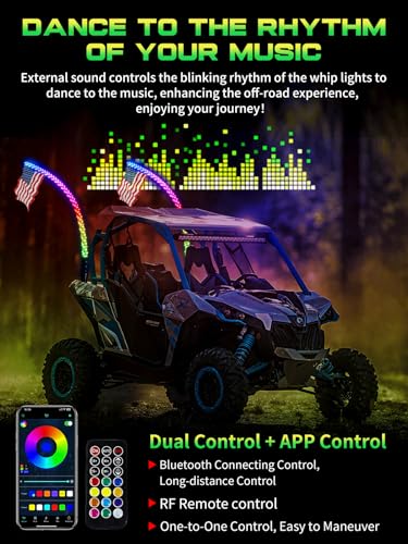 2 Pack 3FT Whip Lights with Spring Base, LED Whip Light with App & Remote Control, Spiral RGB Chasing Lighted Whips with Rocker Switch, Music Whip Light for UTV ATV - size: 3FT (2 Pack)