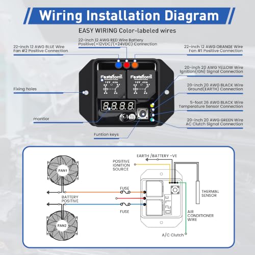 12V-24V Digital Adjustable Dual Electric Radiator Fan Thermostat Switch Kit with 3/8" NPT Thread-in Temperature Probe, 104°F-230°F Temperature Sensor Controller for Cars Trucks Off-Road - style: 3/8" NPT Digital Dual Electric Fan Relay Kit