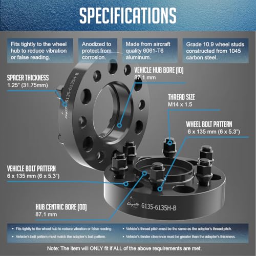 Wheel Accessories Parts 4 Pcs Hub Centric Wheel Spacers 6 on 135mm 6x135mm 1.25 Inch Thick M14x1.5 14x1.5 Thread Stud Fits Ford F150 ｜ Expedition ｜ Lincoln Navigator - size: 1.25" Thick - 4 Pack, style: 2015+ F150 Expedition