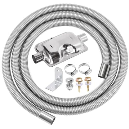 Swpeet 8Pcs 1" x 118" - 25mm x 300cm Stainless Steel Diesel Heater Exhaust Pipe and Exhaust Silencer Muffler with 18mm-29mm Hose Clamps Kit, Fuel Tank Diesel Gas Vent Hose Exhaust Tubing for Car - size: 300cm With Exhaust Muffler