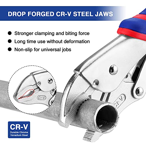 WORKPRO 4-Piece Locking Pliers Set with Comfortable Grip, 5-1/2", 7" and 9" Curved Jaw Locking Pliers, 6-1/2" Long Nose Locking with Storage Bag, Blue&red